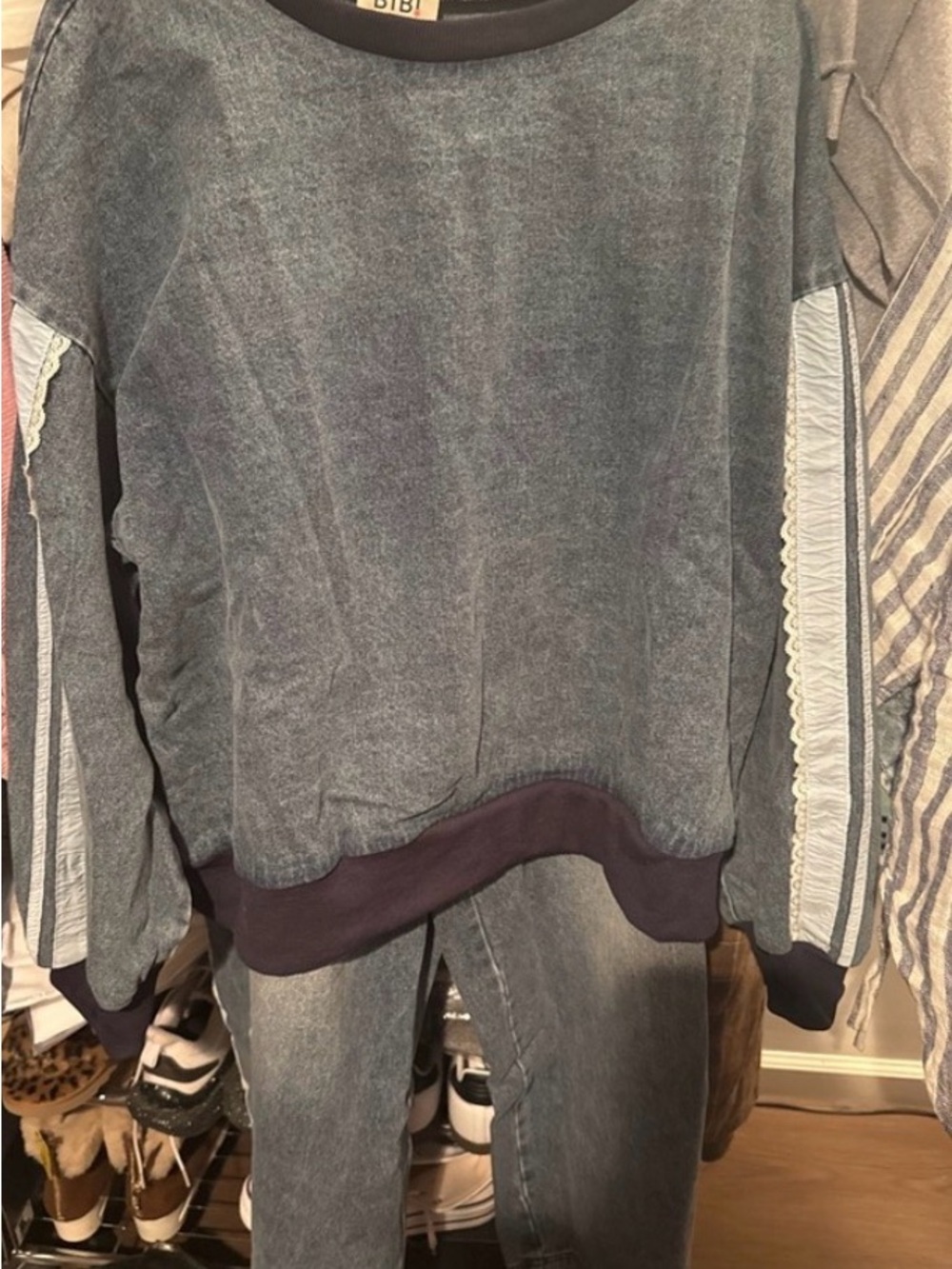 BiBi Washed Denim 2 piece sweatsuit SET with white lace trim. NWT size 2X